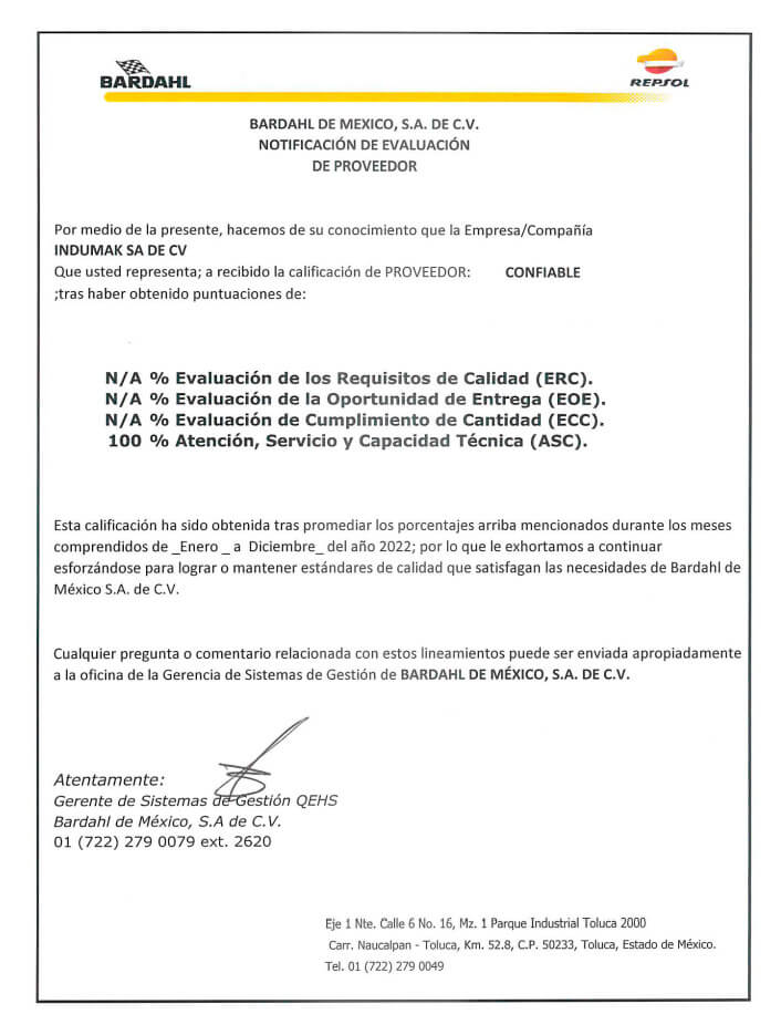 Certificacion Indumak